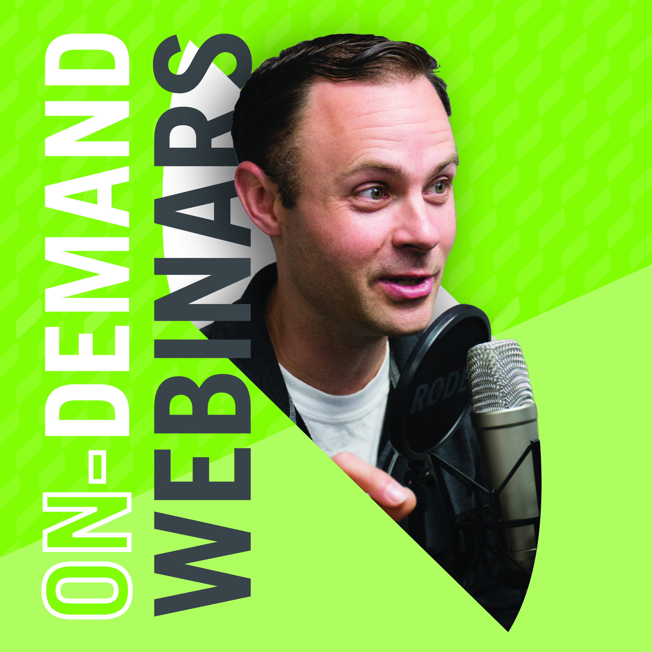Jake Sturgis, owner of Captivate Media, talking into a podcasting microphone. Text saying "On-Demand Webinars"