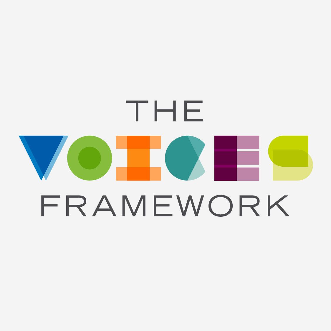 Logo for The Voices Framework. VOICES is in colorful letters, made up of abstract shapes.